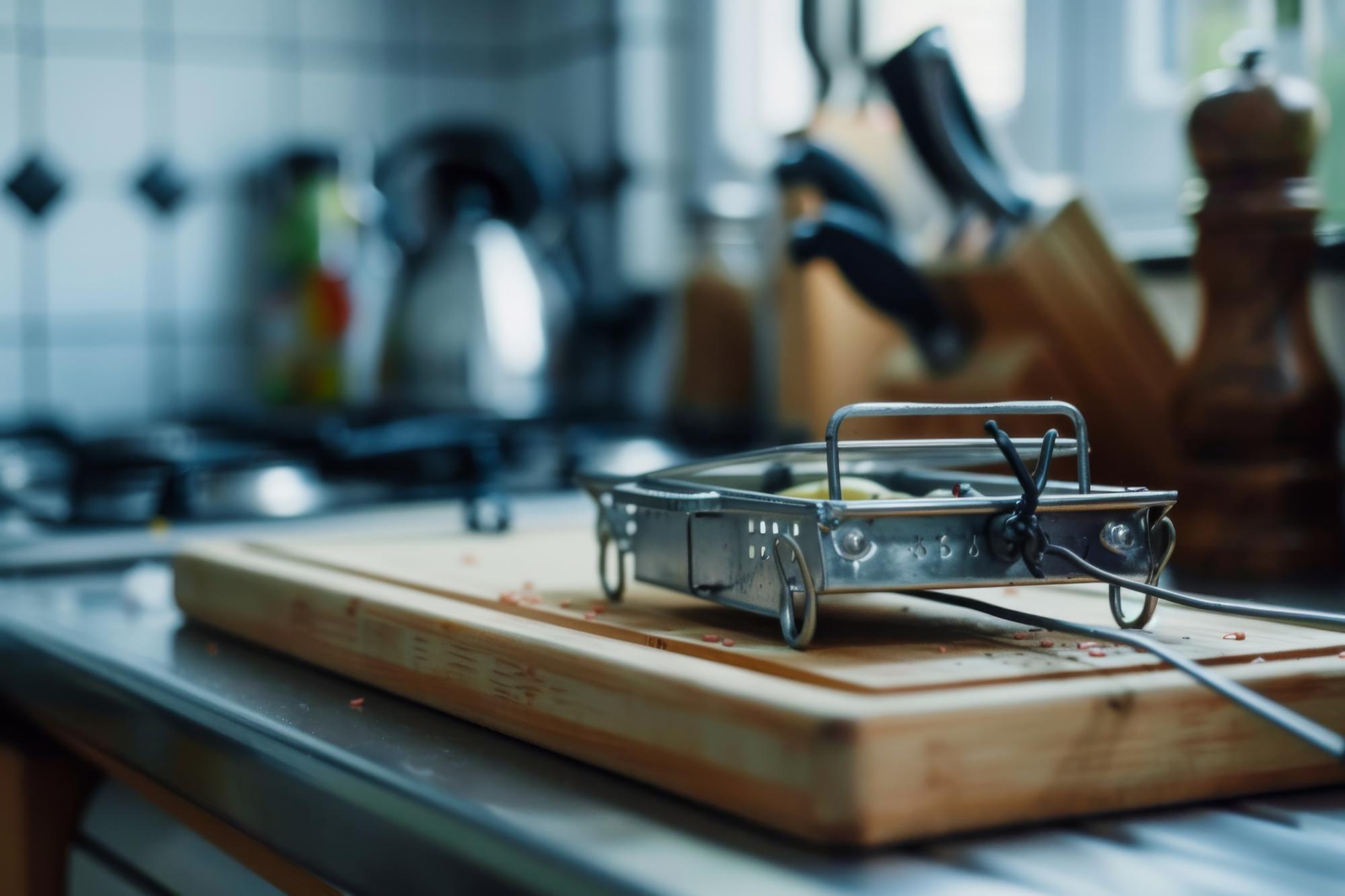 Close-up of a studio kitchen counter with tools and plated sample